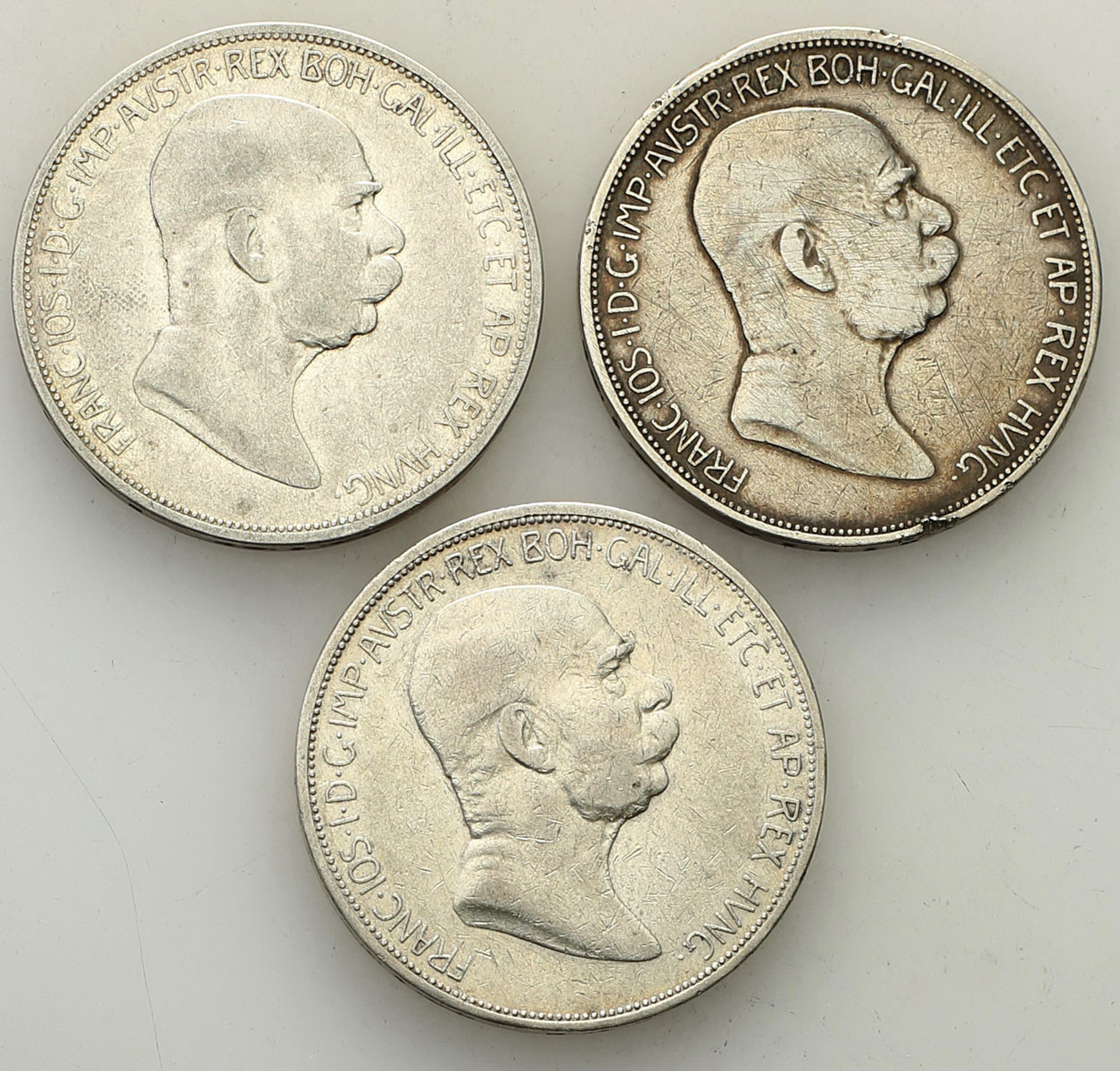 Austria, Franciszek Józef I. 5 koron 1908, Wiedeń, zestaw 3 monet